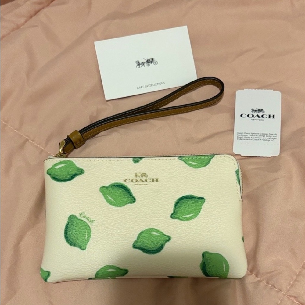Coach White Leather Wristlet with Green Lemon Print